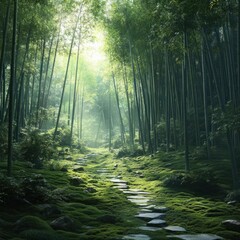 Obraz premium Breathtaking Bamboo Forest: Towering Green Stalks and Sunlight Filtering Through the Canopy