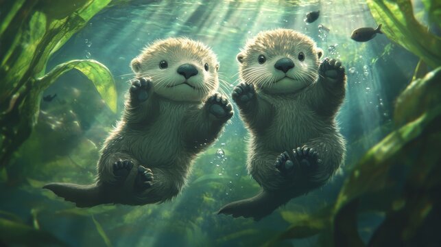 Curious otter pups playfully explore their underwater habitat bathed in sunlight filtering through vibrant kelp during a serene afternoon