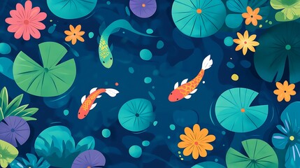 Koi Fish Swim Among Water Lilies and Flowers