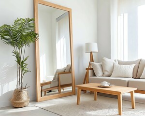 large mirror accent living room Bright living room with minimalist decor, featuring a mirror, plant, and cozy furniture.