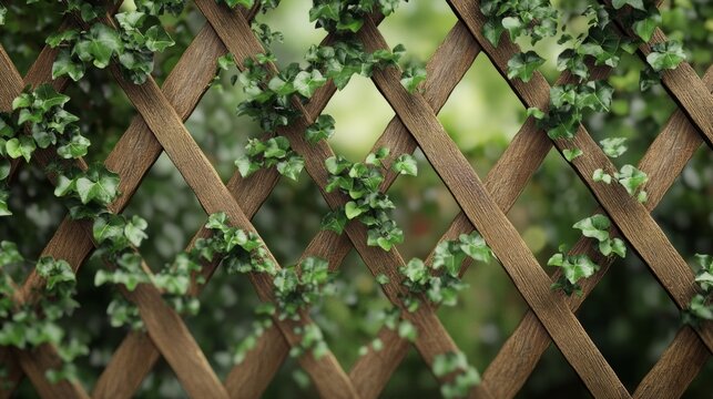 Green ivy covers a wooden trellis, creating a natural backdrop for designs and decorations. The background is blurred to highlight the texture of the ivy.