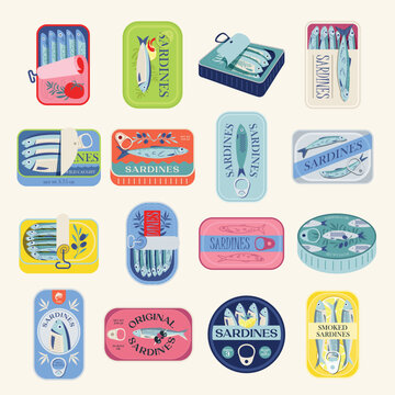 Tin Can Sardines Aesthetic Vector Illustration Set