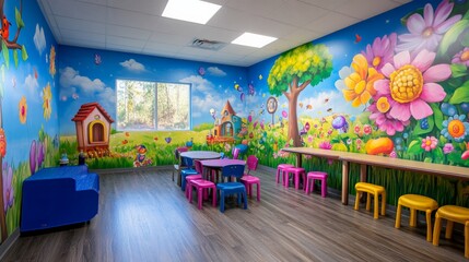 Whimsical Forest Mural with Colorful Flowers and Creatures