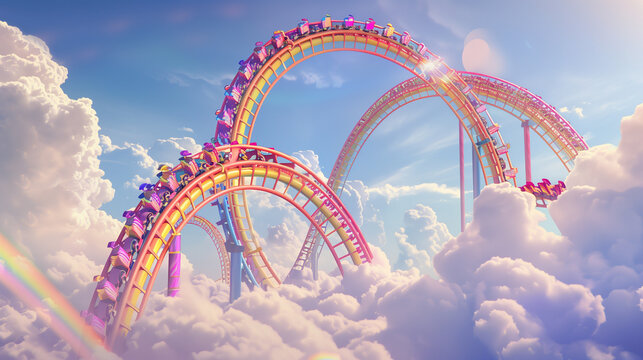 A dreamlike amusement park where roller coasters weave through the clouds, forming rainbow loops. The vibrant colors of the rainbow contrast with the soft clouds