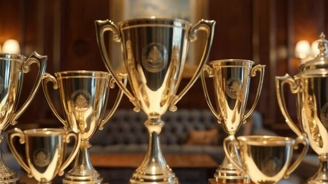 "A luxurious room with a polished marble table displaying an array of golden trophies, symbolizing excellence, achievement, and victory in a grand setting."








