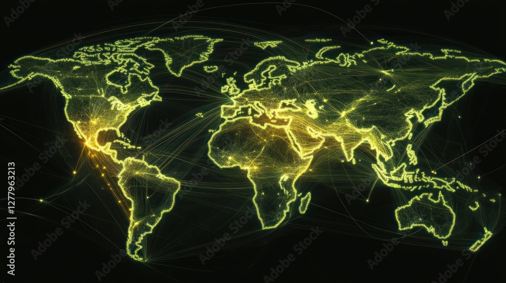 Poster global network connectivity highlighted on a green world map