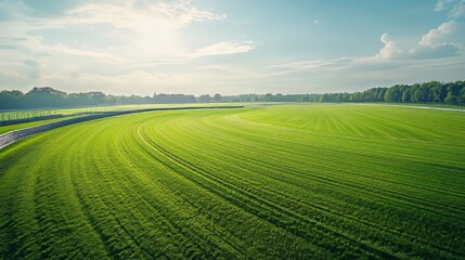 Fototapeta premium Panoramic aerial shot of a racetrack with lush green grass and a bright blue sky in the daytime. The background is blurred to create a sense of depth and motion.