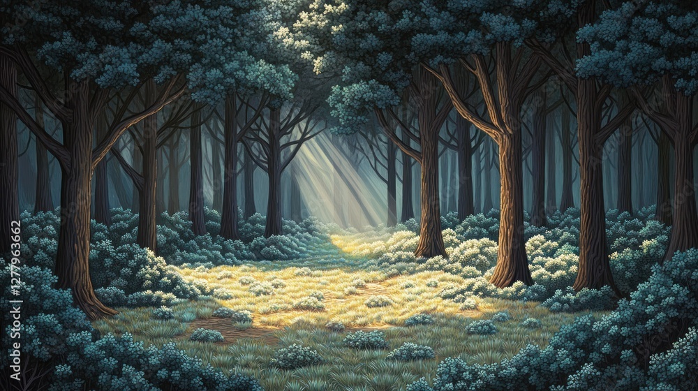 Poster sun rays filter through dense trees in a mystical forest