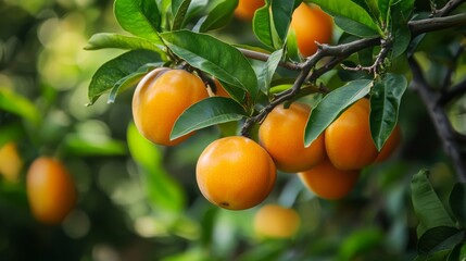 Persimmons are fruits with a bright orange color and a smooth skin. They have a sweet and tangy flavor.