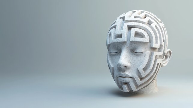 Labyrinth-shaped human head representing mental complexity and emotional depth with a guiding light on a soft background..
