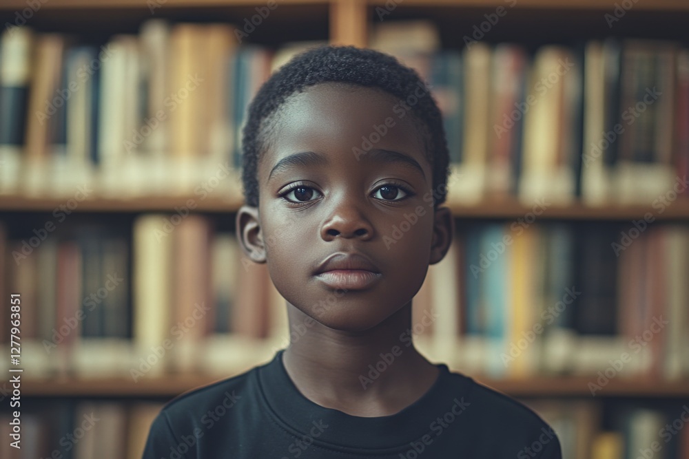 Poster young boy stands confidently in front of a bookshelf filled with books in a quiet library setting