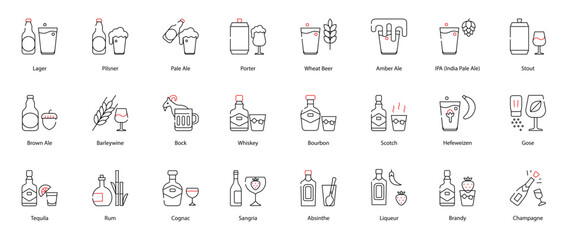 Vector Icons Set - Lager, Pilsner, Pale Ale, Porter, Wheat Beer, Amber Ale, IPA (India Pale Ale), Stout, Brown Ale, Barleywine, Bock, Whiskey, Bourbon, Scotch, Hefeweizen, Gose, Tequila, Rum, Cognac 