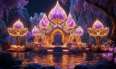 Enchanted glowing lotus temple by a serene lake under a starry night sky