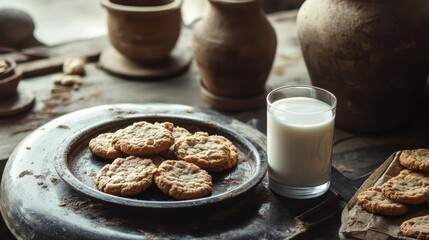 Oatmeal cookies and milk served on rustic pottery