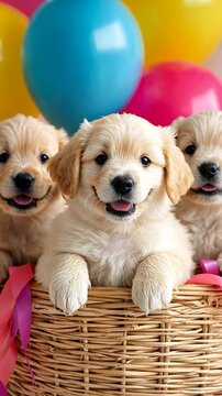 Adorable golden retriever puppies in a wicker basket with colorful balloons, perfect for celebrations, pet love, joy, and happiness