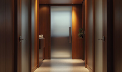 Minimalist Passage with Frosted Glass Door and Wooden Accents for a Contemporary Look