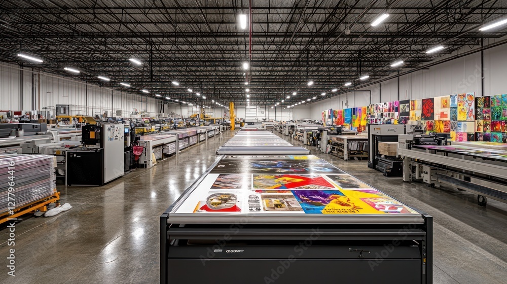 Poster inside a large printing factory with numerous machines and products