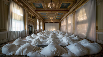 A giant pillow fort inside a grand, historic ballroom, blending childhood fantasy with elegance. The scene combines soft, cozy pillows with opulent chandeliers and intricate architecture