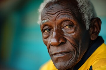 Senior man with expressive features gazes thoughtfully in a vibrant outdoor setting during daylight hours