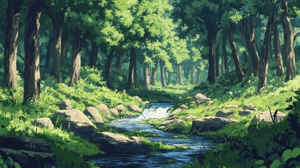 Naklejka premium Serene forest landscape with a flowing stream and lush greenery