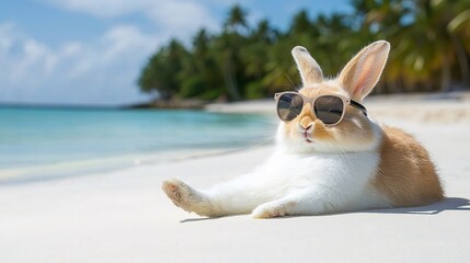 Petfluencer concept. Cute rabbit relaxing on the beach
