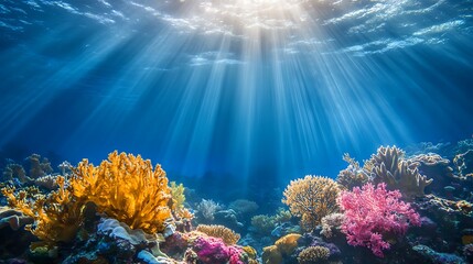 Naklejka premium Sunbeams Illuminate Vibrant Underwater Coral Reef Scene
