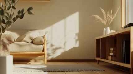 Minimalist living room interior with natural sunlight and wooden furniture