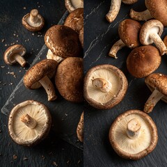 A close up of several mushrooms, some of which are sliced open. The mushrooms are arranged in a way that creates a sense of depth and texture