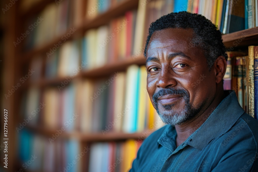 Poster senior man smiling warmly in front of a bookshelf filled with colorful books at a cozy library