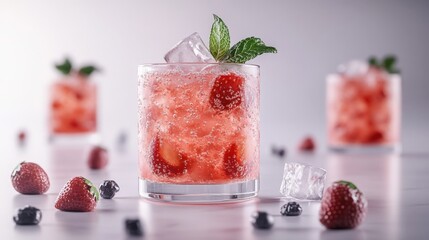 Refreshing strawberry fizz cocktail in rocks glass with ice, mint, and berries. Perfect for summer drinks menu or beverage advertisement.