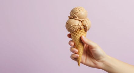 Vanilla ice cream cone held by caucasian female hand on pastel background