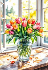 a clear glass vase filled with a colorful bouquet of tulips, predominantly in shades of yellow, pink, and red.