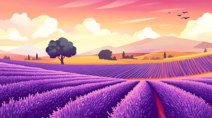 Sunset Over Lavender Fields And Rolling Hills