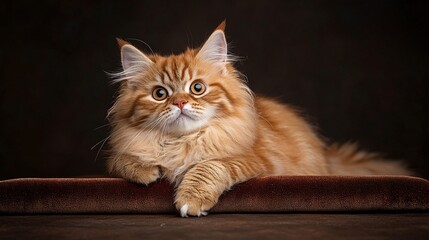 Obraz premium Petfluencer concept. Fluffy orange cat on a dark background