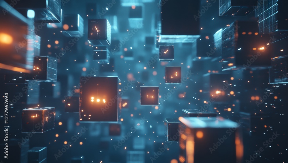 Poster futuristic data cubes floating in cyberspace