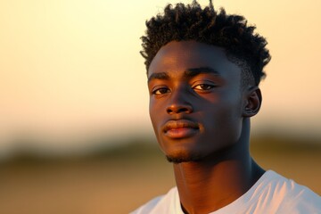 Obraz premium Portrait of a young man with striking features and natural light during sunset in an outdoor setting