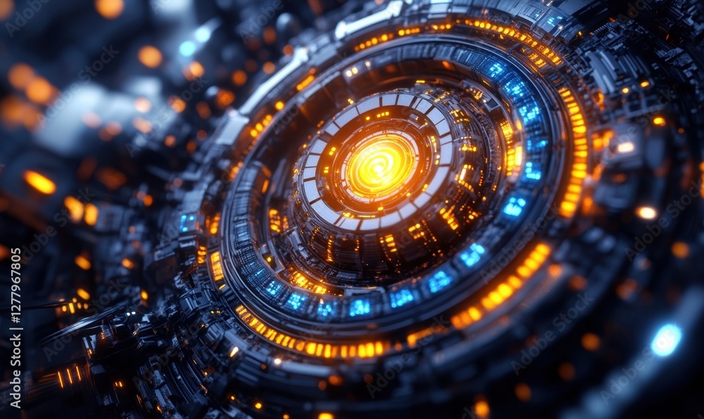 Poster futuristic circular technology interface with glowing lights in a digital environment