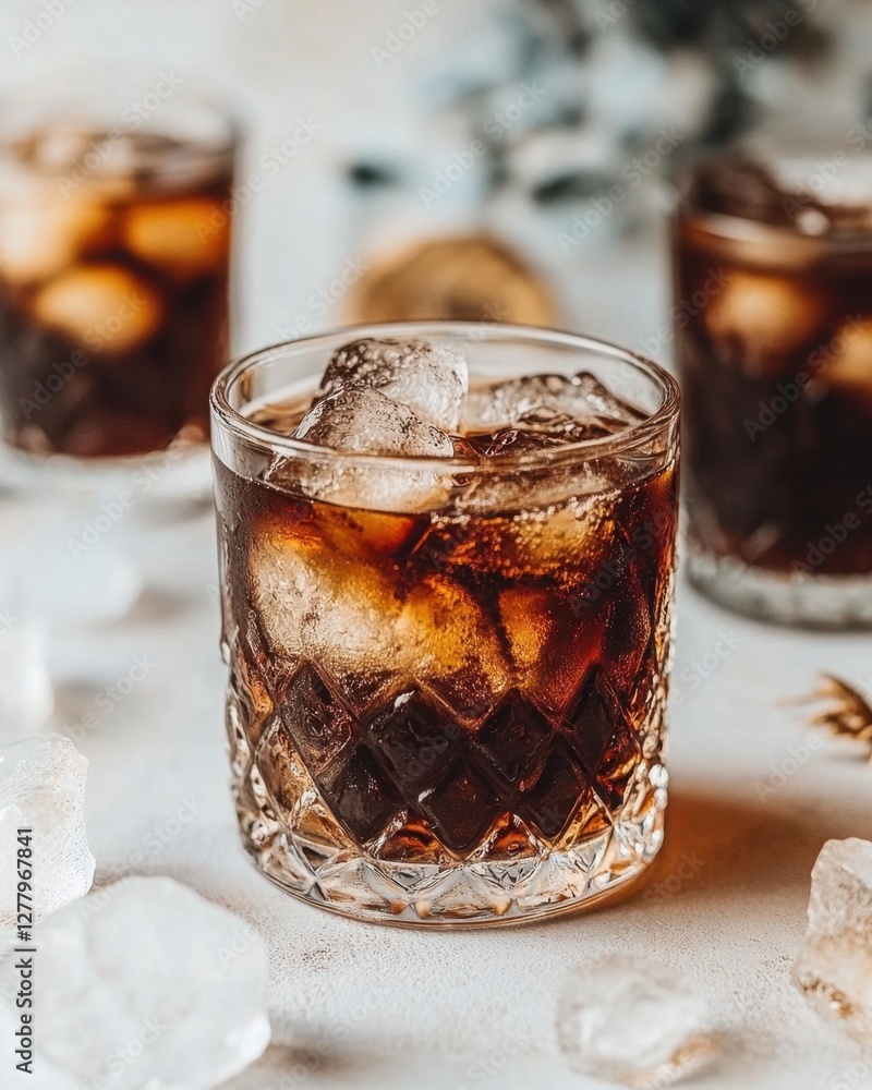 Aufkleber refreshing dark soda with ice cubes in crystal glasses on a bright surface creating a cool and invit