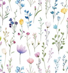 Fototapeta premium Seamless pattern of small pastel watercolor wildflowers and meadow flowers, cosmos, and anemones on a white background.