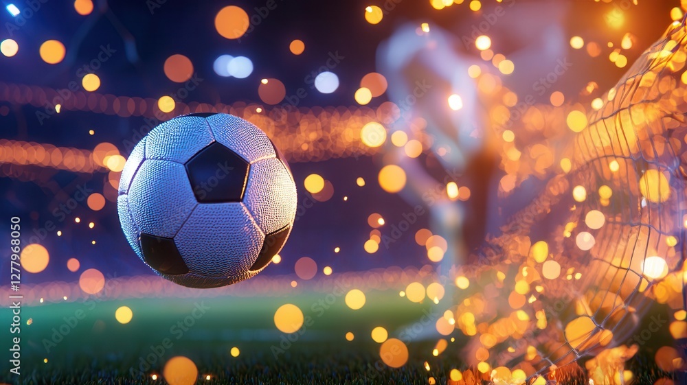 Poster soccer ball floating in front of goal net with dramatic bokeh effect during a night match