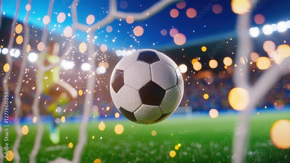 Poster soccer ball floating in front of goal net with dramatic bokeh effect during a night match with green