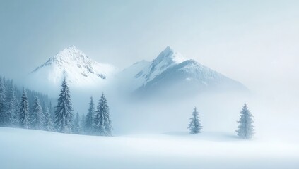 Obraz premium Snowy mountain range, misty landscape, winter wonderland, serene scene