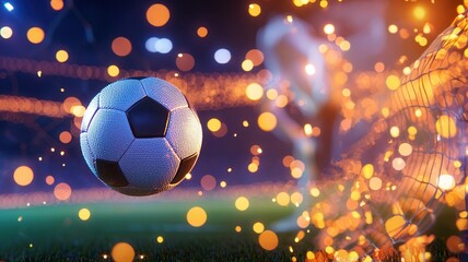 Fototapeta premium Soccer ball floating in front of goal net with dramatic bokeh effect during a night match
