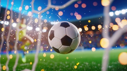 Naklejka premium Soccer ball floating in front of goal net with dramatic bokeh effect during a night match with green backgroung