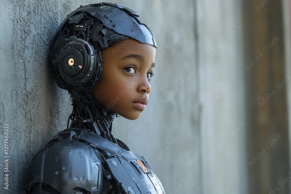 Aufkleber robotic child with intricate design stands against concrete background in a futuristic setting