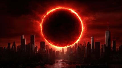 Fototapeta premium A blood-red eclipse casting a haunting glow over a crumbling megacity, the last survivors watching in fear