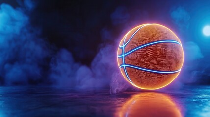 Fototapeta premium Futuristic basketball glowing with neon lines resting on reflective surface, enveloped by wispy smoke, generating dramatic visual atmosphere sport background