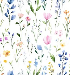 Seamless pattern of small pastel watercolor wildflowers and meadow flowers, cosmos, and anemones on a white background.