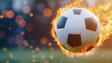 Fototapeta premium Soccer ball football blazing against sport dramatic sunset, embodying fierce fire competition and burning passion of athletic intensity
