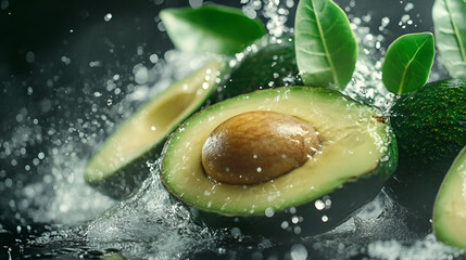 Fresh delicious avocado halves splashing with leaves on a white background ai generative